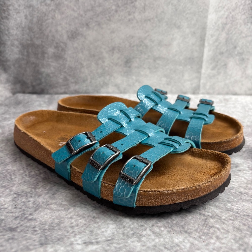 Birki's by Birkenstock Xenia Blue‎ Croc-embossed Triple Strap Slide Sandals Sz 9